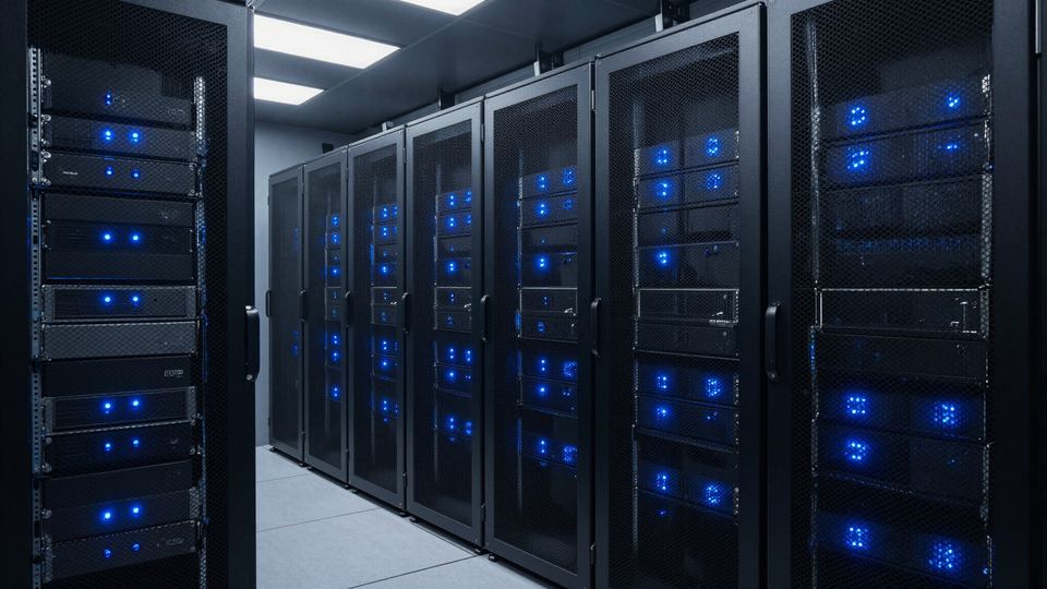 Rows of server racks in a data center